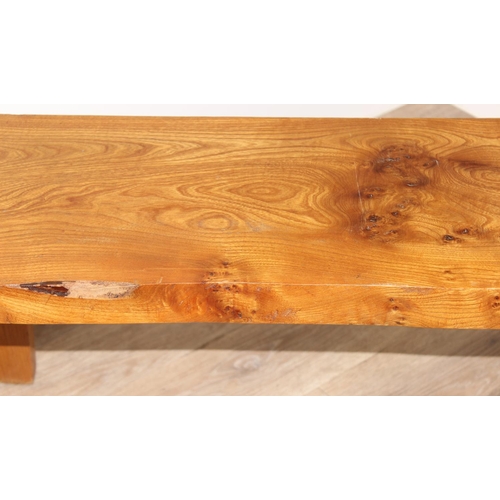 38 - A vintage burr Elm seated low bench, approx 116cm wide x 29cm deep x 36cm tall