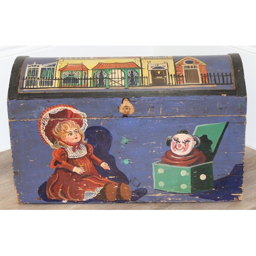 41 - A vintage painted pine children's toy box with iron cup handles, approx 61cm wide x 30cm deep x 36cm... 