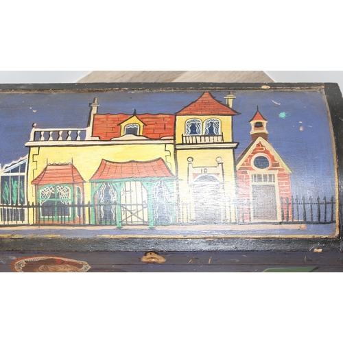 41 - A vintage painted pine children's toy box with iron cup handles, approx 61cm wide x 30cm deep x 36cm... 