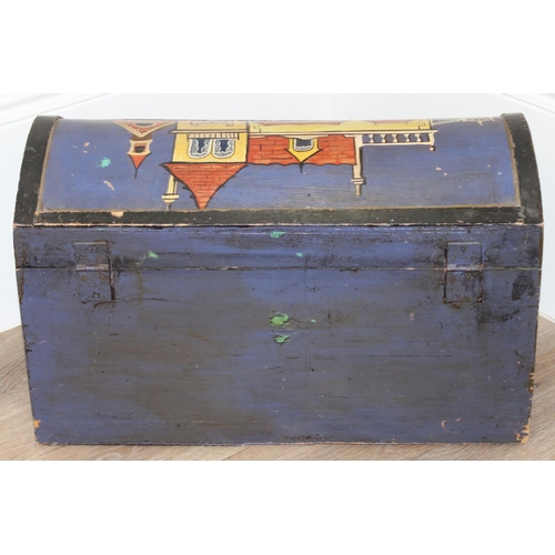 41 - A vintage painted pine children's toy box with iron cup handles, approx 61cm wide x 30cm deep x 36cm... 