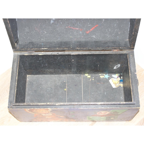 41 - A vintage painted pine children's toy box with iron cup handles, approx 61cm wide x 30cm deep x 36cm... 