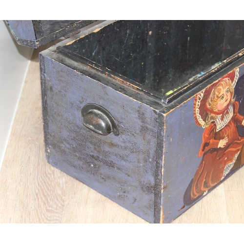 41 - A vintage painted pine children's toy box with iron cup handles, approx 61cm wide x 30cm deep x 36cm... 