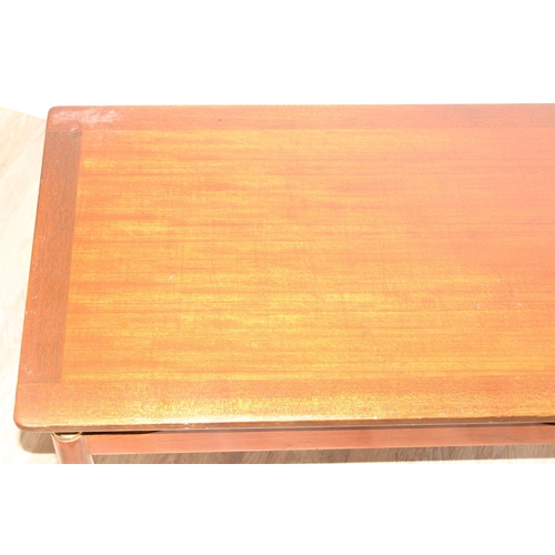 50 - Retro low coffee table with brass accents, G-Plan stamp, approx 74cm wide x 48cm deep x 45cm tall