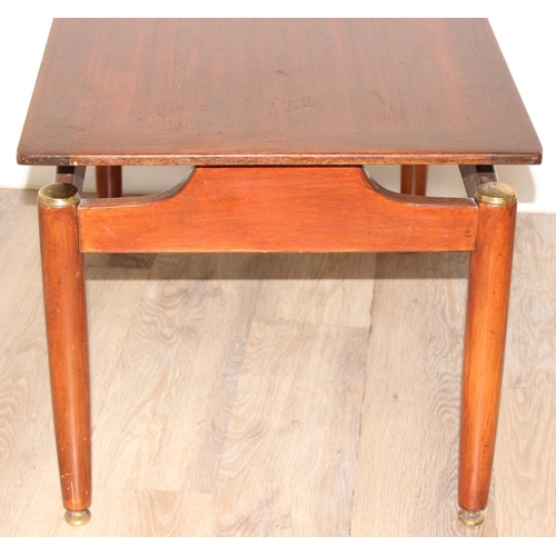 50 - Retro low coffee table with brass accents, G-Plan stamp, approx 74cm wide x 48cm deep x 45cm tall