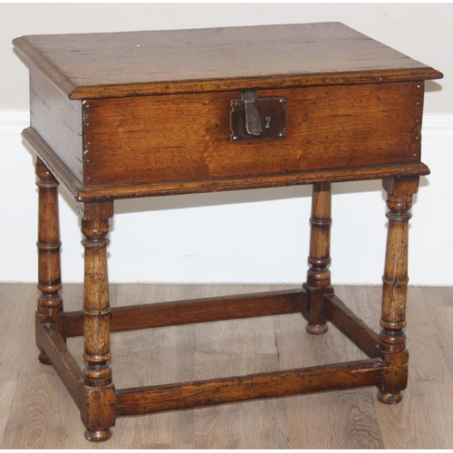 4 - Titchmarsh & Goodwin, an 18th century style oak bible box on stand, label to interior, approx 61cm w... 