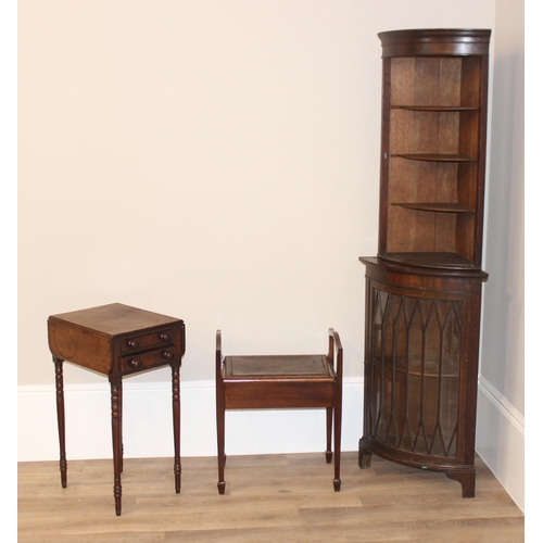 30 - An antique corner cabinet, piano stool and sewing table, corner cabinet approx 42cm wide x 42cm deep... 