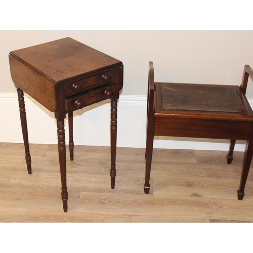 30 - An antique corner cabinet, piano stool and sewing table, corner cabinet approx 42cm wide x 42cm deep... 