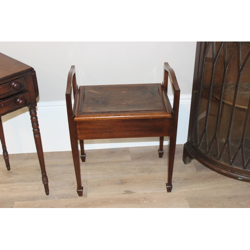 30 - An antique corner cabinet, piano stool and sewing table, corner cabinet approx 42cm wide x 42cm deep... 