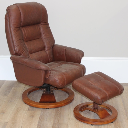 61 - A retro brown leather Ekornes style armchair and footstool, approx 75cm wide x 75cm deep x 110cm tal... 