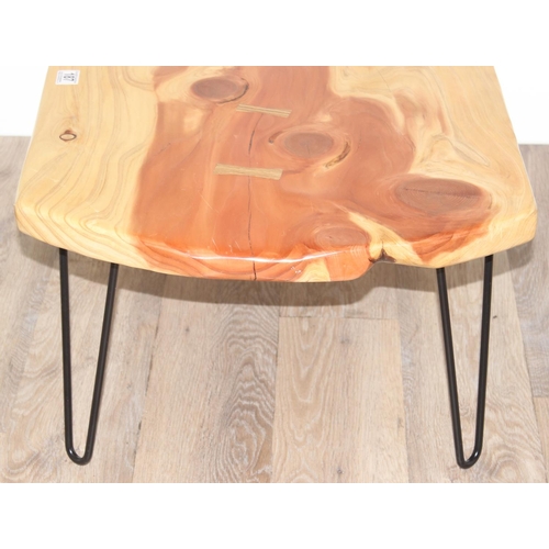 81 - Penn Street Woodturning of Amersham - a figured wooden plank coffee table on retro style hairpin leg... 