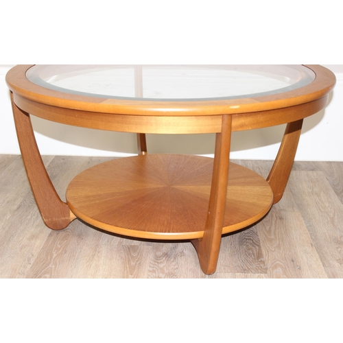 85 - A retro Nathan 5914 Astro style coffee table with glass top and undertier, label to base, approx 90c... 