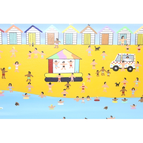 394 - Gordon Barker (British, 21st century) original acrylic painting of people having fun at the seaside,... 