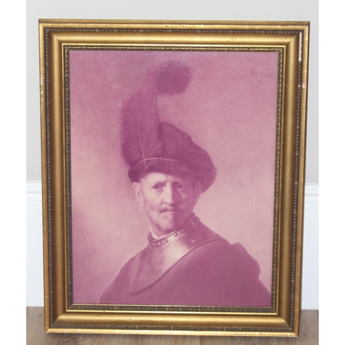 399 - After Rembrandt, a print of 'An old man in military costume' in gilt frame, approx 64cm x 81cm