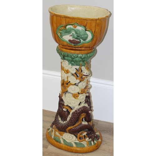 323 - A colourful Chinese stoneware jardiniere on stand, the base formed as a dragon, approx 38cm wide x 2... 