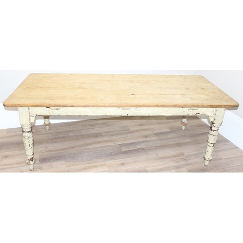 1 - A large antique pine farmhouse country kitchen dining table with 3 plank top and distressed painted ... 