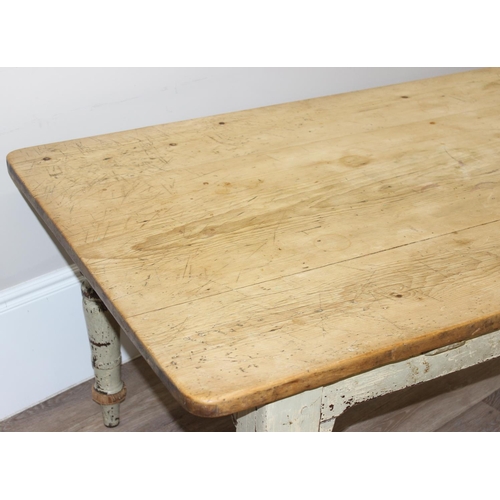 1 - A large antique pine farmhouse country kitchen dining table with 3 plank top and distressed painted ... 