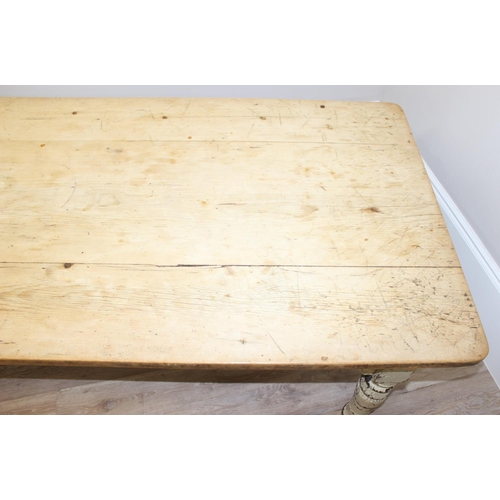 1 - A large antique pine farmhouse country kitchen dining table with 3 plank top and distressed painted ... 