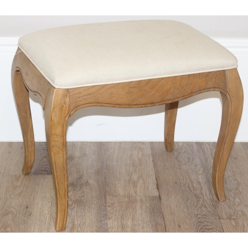 20 - A French style light oak stool with cream upholstered top, approx 54cm wide  x 40cm deep x 46cm tall