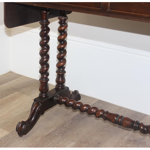 21 - A 19th century mahogany sofa table with barley twist supports and brass handles and accents, approx ... 