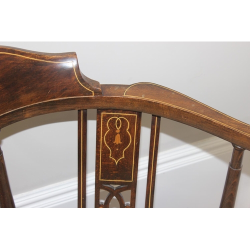 24 - A pair of Victorian Sheraton Revival corner chairs with wooden inlay and floral upholstered seats, e... 