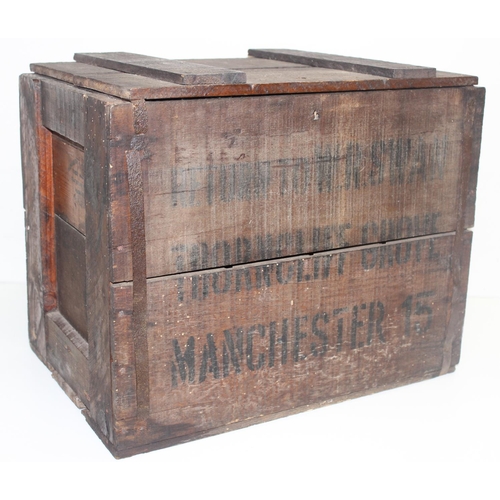 271 - Vintage wooden lidded-crate with stencilled writing 'Return to W. R. Swan Thorncliff Grove, Manchest... 