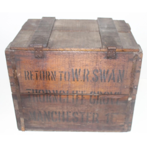 271 - Vintage wooden lidded-crate with stencilled writing 'Return to W. R. Swan Thorncliff Grove, Manchest... 