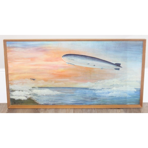 363 - P Lawson (British, XX), a large oil on board depicting the Graf Zeppelin airship and a bi-plane at s... 