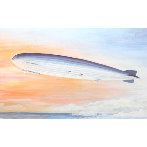 363 - P Lawson (British, XX), a large oil on board depicting the Graf Zeppelin airship and a bi-plane at s... 