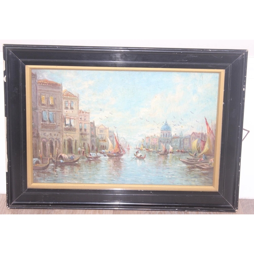 365 - Antique oil on board of a Venetian Gondola scene, in glazed frame, approx 54cm x 38cm