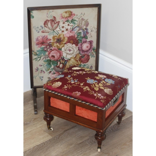 49 - An antique floral fire screen and stool sewing box with later upholstery, screen approx 50cm x 77cm