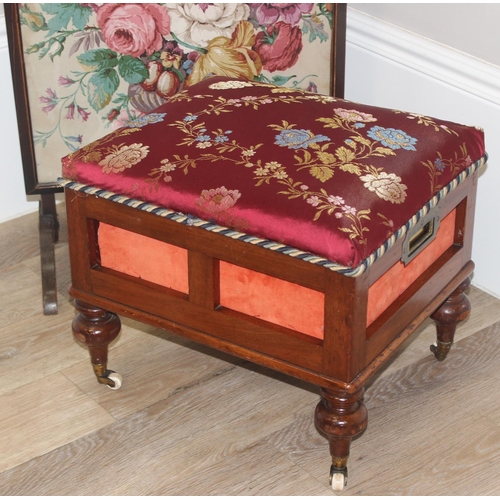 49 - An antique floral fire screen and stool sewing box with later upholstery, screen approx 50cm x 77cm