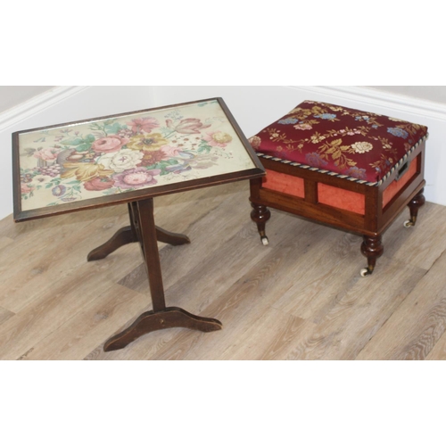 49 - An antique floral fire screen and stool sewing box with later upholstery, screen approx 50cm x 77cm