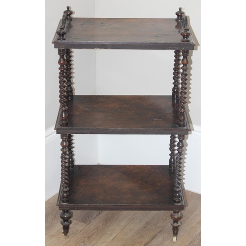 58 - A 19th century walnut whatnot with 3 tiers separated by barley-twist supports, with fretwork gallery... 