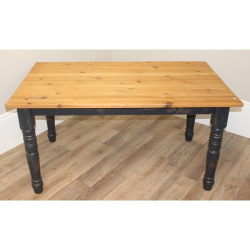 70 - A modern pine farmhouse kitchen table with grey painted base and scrub top, approx 148cm long x 86cm... 