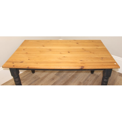 70 - A modern pine farmhouse kitchen table with grey painted base and scrub top, approx 148cm long x 86cm... 