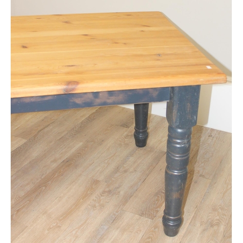 70 - A modern pine farmhouse kitchen table with grey painted base and scrub top, approx 148cm long x 86cm... 