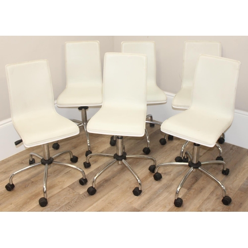 71 - A set of 6 white faux leather on white painted bentwood swivel chairs with chrome base, Italian styl... 