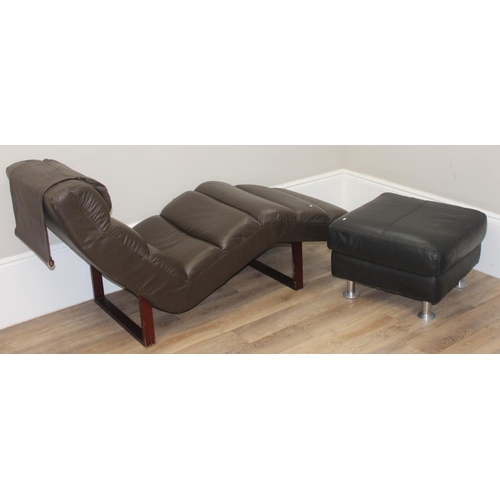 72 - A retro style brown faux lounger and associated footstool, the lounger approx 170cm long x 68cm deep... 