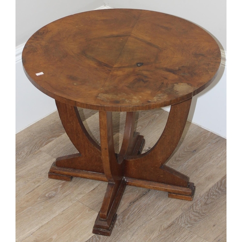 73 - An Art Deco period circular walnut side table and a small antique oak chair with turned supports and... 