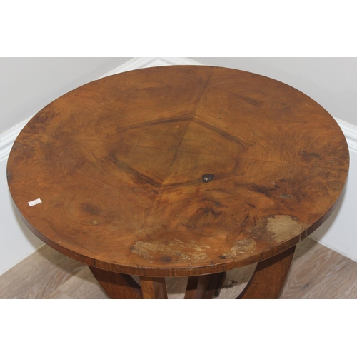 73 - An Art Deco period circular walnut side table and a small antique oak chair with turned supports and... 