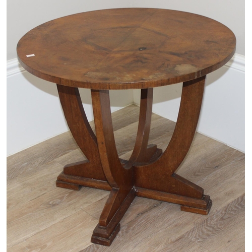 73 - An Art Deco period circular walnut side table and a small antique oak chair with turned supports and... 