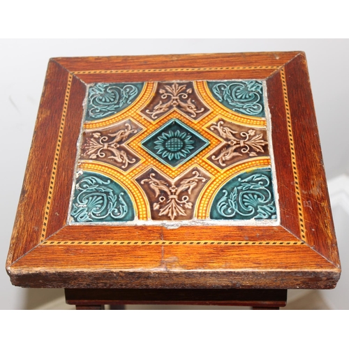 76 - 2 vintage jardinière stands, one mahogany with inlaid details and tiled top, and the other bamboo, t... 