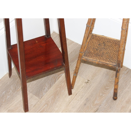 76 - 2 vintage jardinière stands, one mahogany with inlaid details and tiled top, and the other bamboo, t... 