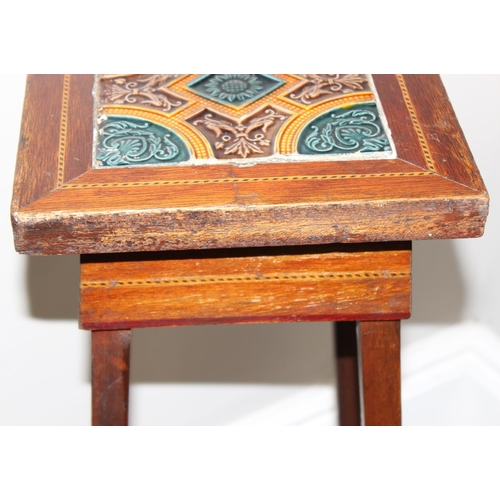 76 - 2 vintage jardinière stands, one mahogany with inlaid details and tiled top, and the other bamboo, t... 