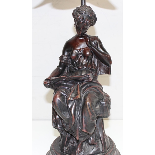 240 - A bronzed figure table lamp formed as a seated female and an antique bronzed spelter figure, the lam... 