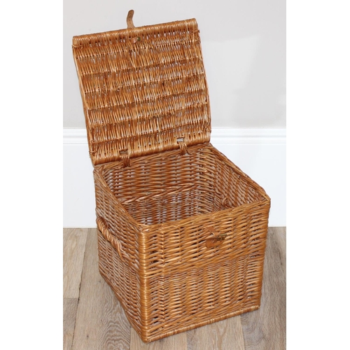 274 - A cube shaped vintage wicker wine or picnic basket, a round wicker basket and a small elm stool, the... 