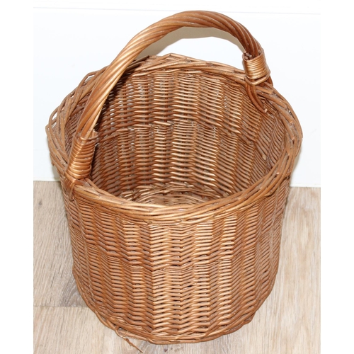 274 - A cube shaped vintage wicker wine or picnic basket, a round wicker basket and a small elm stool, the... 