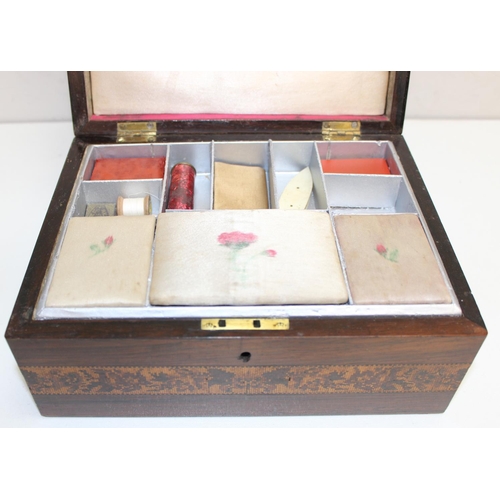 275 - A Victorian Tunbridgeware inlaid jewellery or sewing box with rosewood and marquetry inlay, approx 2... 