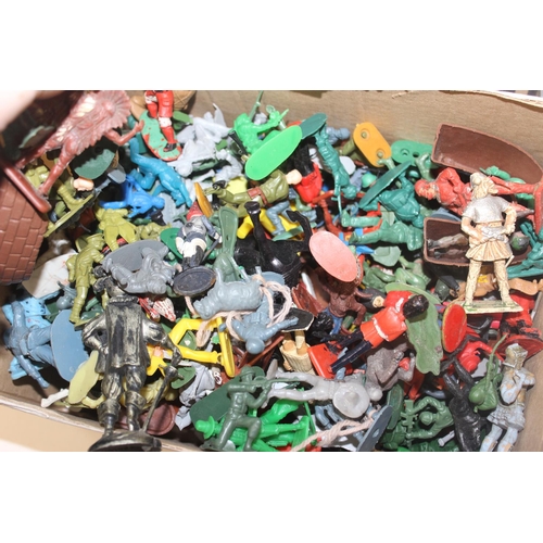 608 - A huge qty of assorted vintage plastic toy figures to inc cowboys and Indians and soldiers, some by ... 