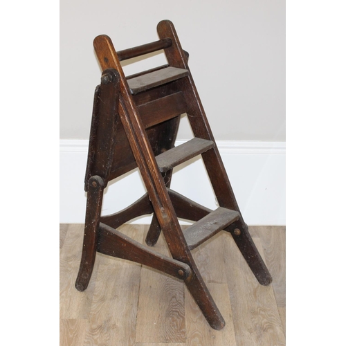 78 - A set of vintage oak metamorphic scullery steps formed as a chair, seemingly unmarked but likely ear... 